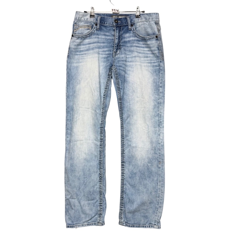 BKE Jake Bootleg Jeans Mens 33L Light Wash Blue Denim Cowboy Thick Stich